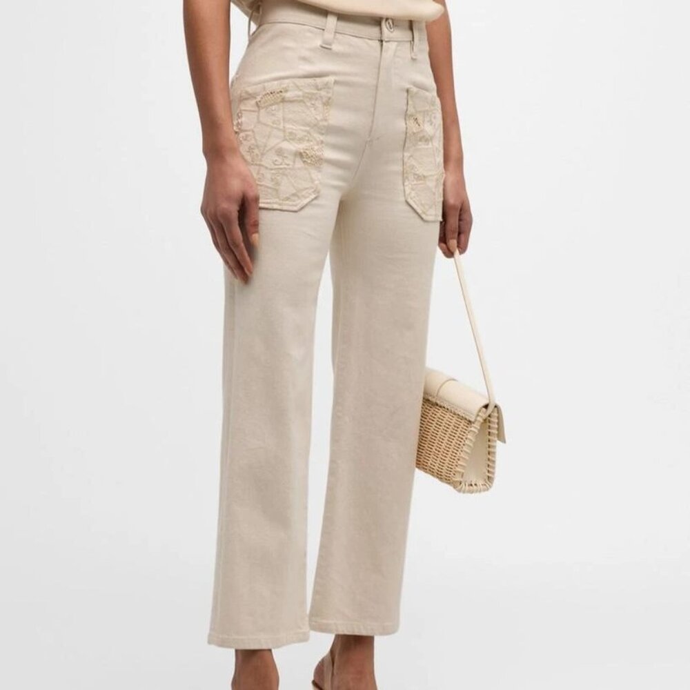 NWOT Ramy Brook Talia High Rise Wide Crop Jeans Embroidered Pockets Cream Size 0